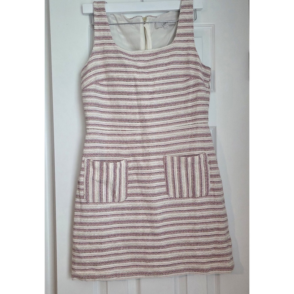 LOFT Striped Tweed Shift Dress Sleeveless Pink Blue Ivory 6 Pockets Zip Back 60s